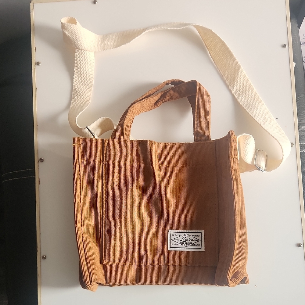 Corduroy Tote Bag with Cream Strap - Brown